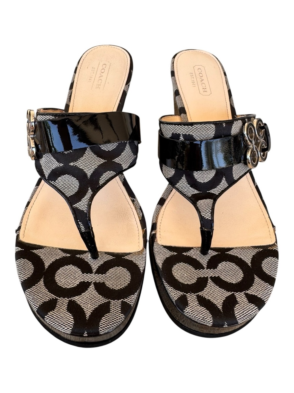 Coach Gypsy Signature C Canvas Wedge Platform Sandals 8B Black White Patent